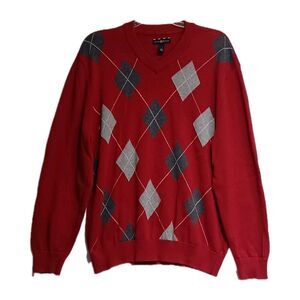 Club Room Men's Argyle 100%cotton  V-neck Sweater Size Large Dk Red And Gray's